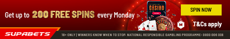 Get 200 Free Spins at Supabets every Monday